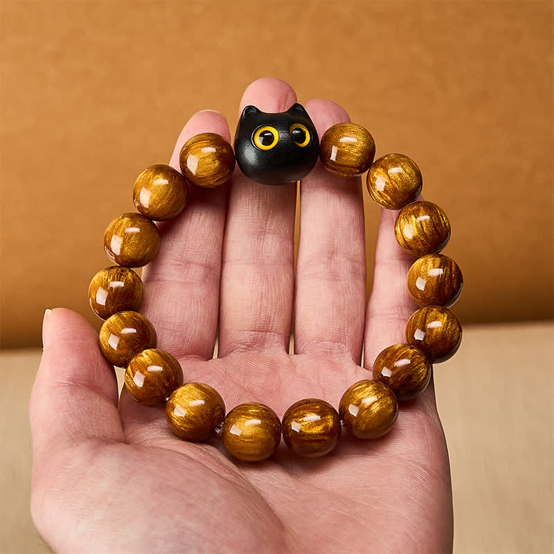 Nimara Ritual Yellow Resin Beads Yellow Eyes Ebony Wood Cat Calm Bracelet