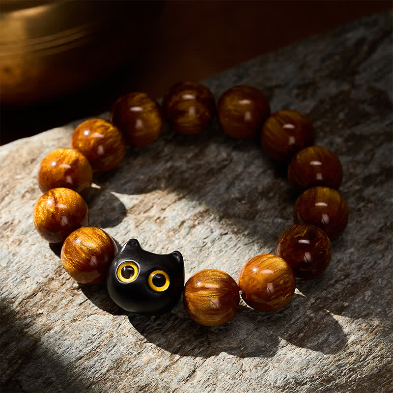 Nimara Ritual Yellow Resin Beads Yellow Eyes Ebony Wood Cat Calm Bracelet