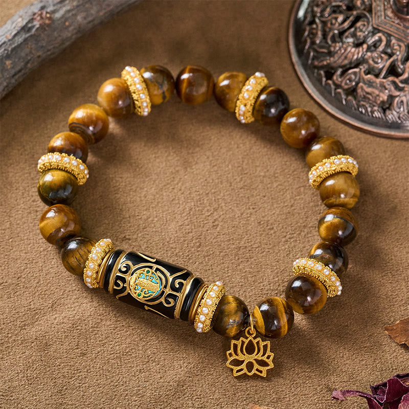 Nimara Ritual Natural Yellow Tiger Eye Resin Barrel Bead Lotus Pendant Confidence Round Bead Bracelet