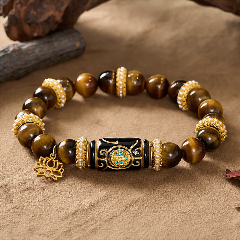 Nimara Ritual Natural Yellow Tiger Eye Resin Barrel Bead Lotus Pendant Confidence Round Bead Bracelet
