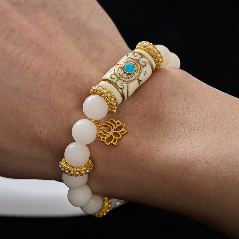 Nimara Ritual White Bodhi Seed Resin Barrel Bead Lotus Pendant Round Meditation Bracelet