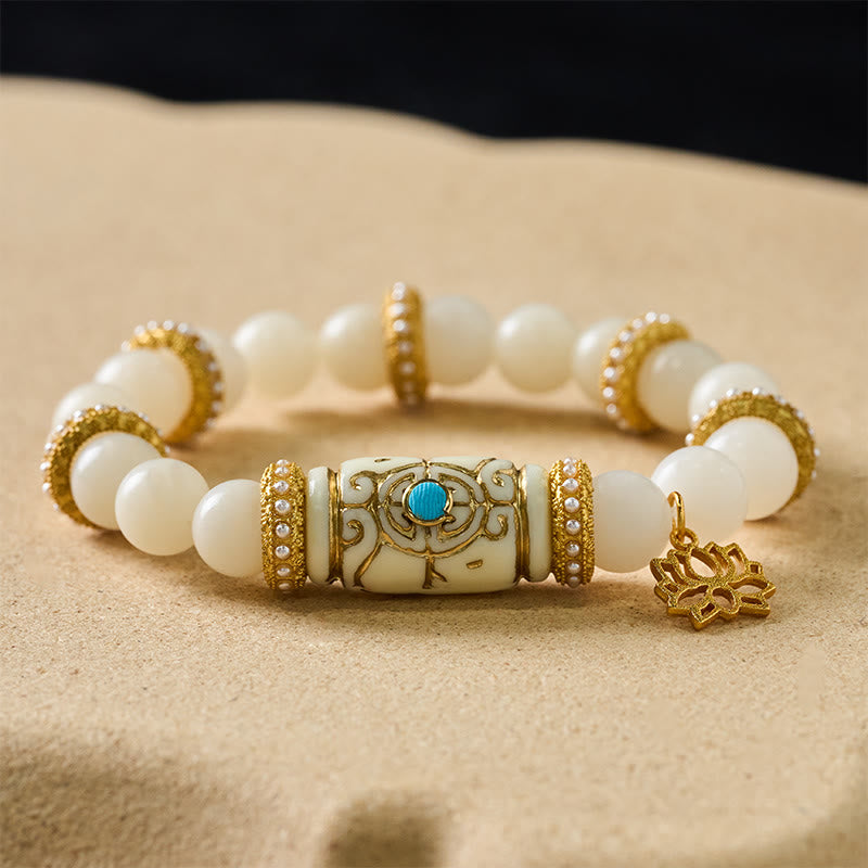 Nimara Ritual White Bodhi Seed Resin Barrel Bead Lotus Pendant Round Meditation Bracelet