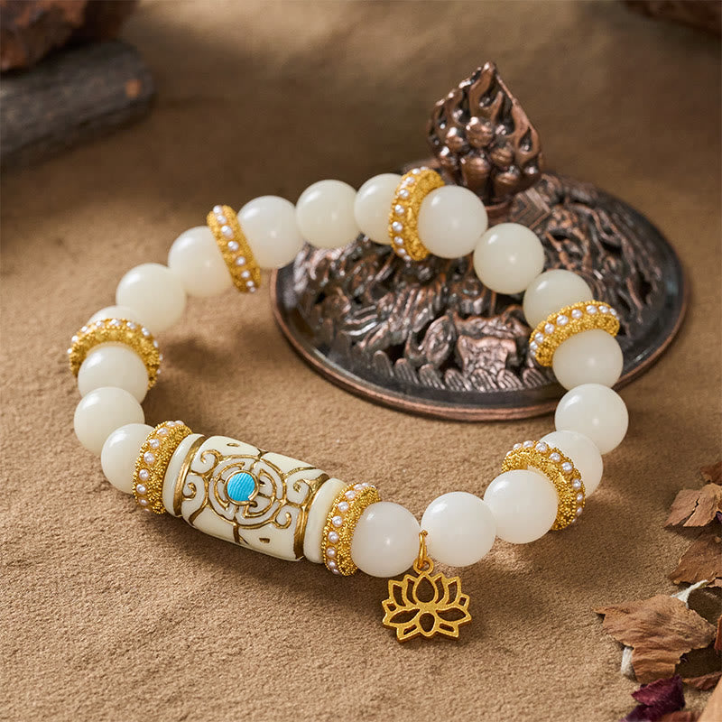 Nimara Ritual White Bodhi Seed Resin Barrel Bead Lotus Pendant Round Meditation Bracelet