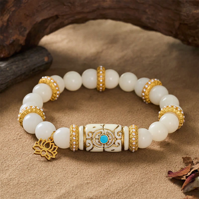 Nimara Ritual White Bodhi Seed Resin Barrel Bead Lotus Pendant Round Meditation Bracelet