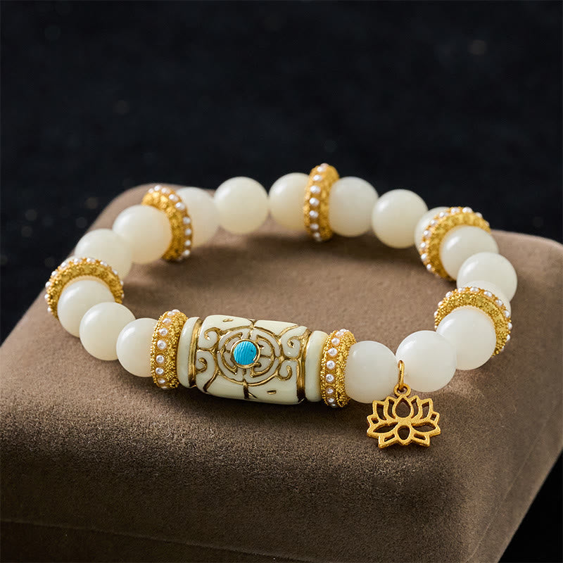 Nimara Ritual White Bodhi Seed Resin Barrel Bead Lotus Pendant Round Meditation Bracelet