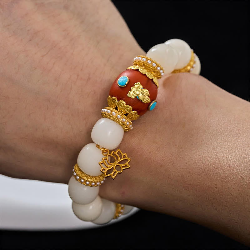 Nimara Ritual White Bodhi Seed Tibetan Engraved Orange Oval Lotus Pendant Blessing Bead Bracelet