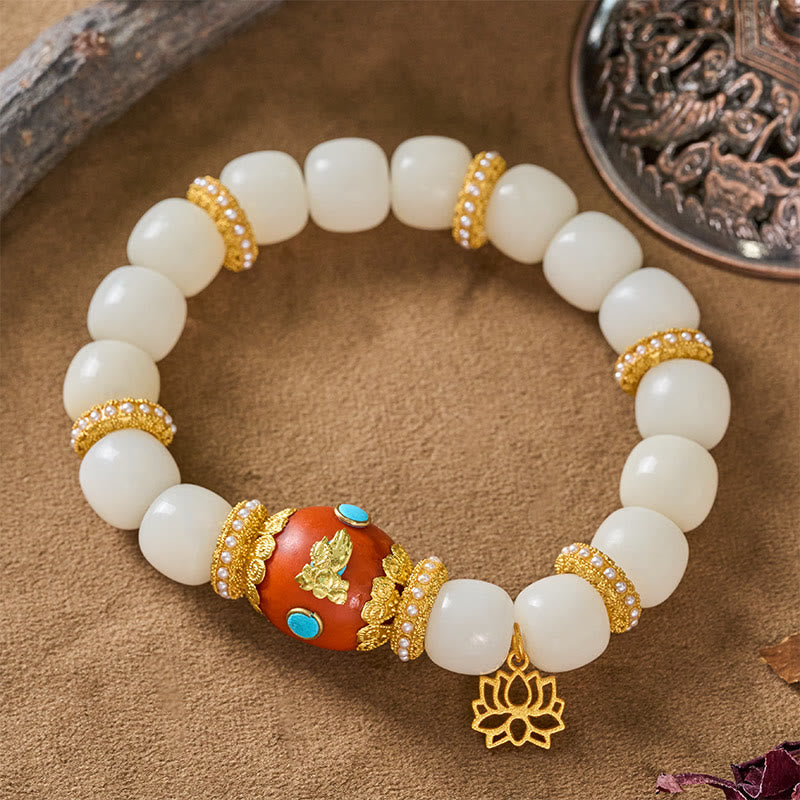 Nimara Ritual White Bodhi Seed Tibetan Engraved Orange Oval Lotus Pendant Blessing Bead Bracelet