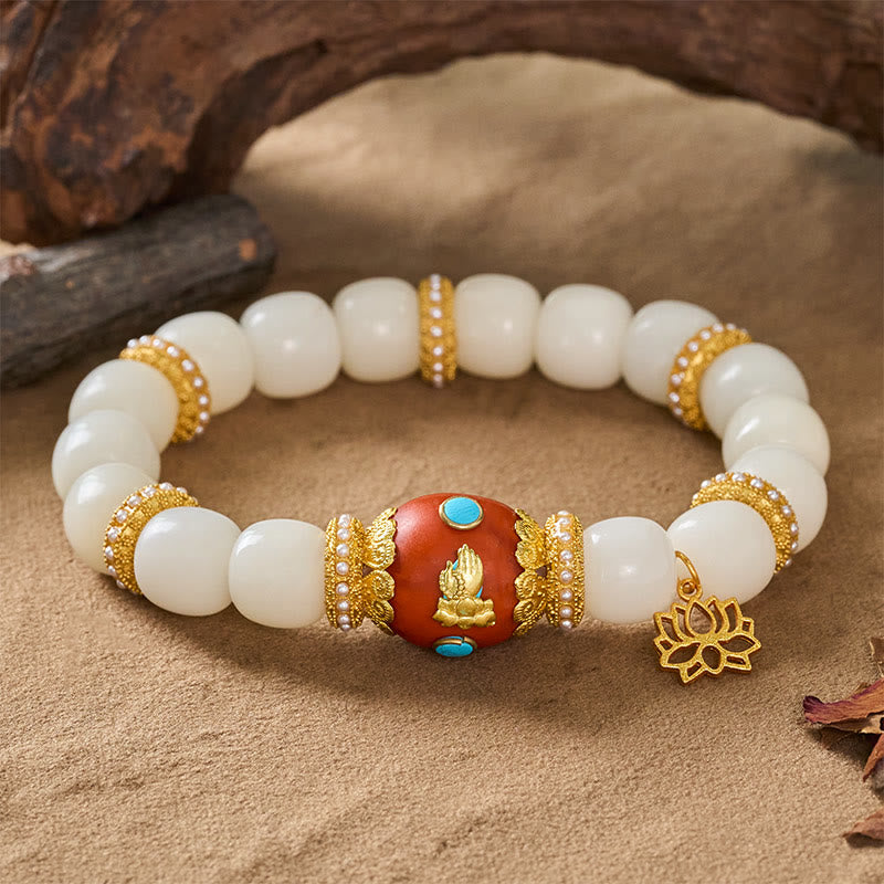 Nimara Ritual White Bodhi Seed Tibetan Engraved Orange Oval Lotus Pendant Blessing Bead Bracelet