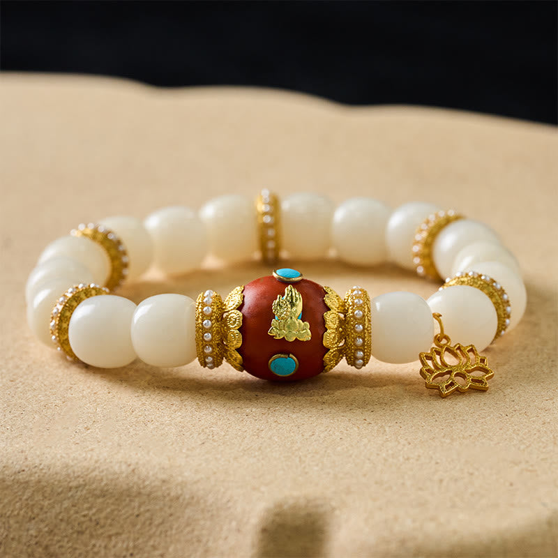 Nimara Ritual White Bodhi Seed Tibetan Engraved Orange Oval Lotus Pendant Blessing Bead Bracelet