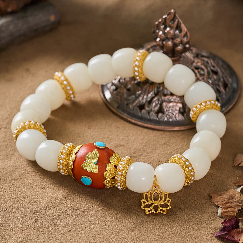 Nimara Ritual White Bodhi Seed Tibetan Engraved Orange Oval Lotus Pendant Blessing Bead Bracelet