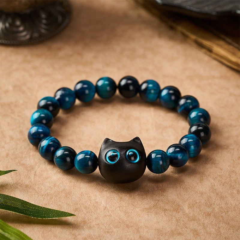 Nimara Ritual Blue Tiger Eye Ebony Wood Cat Strength Bracelet