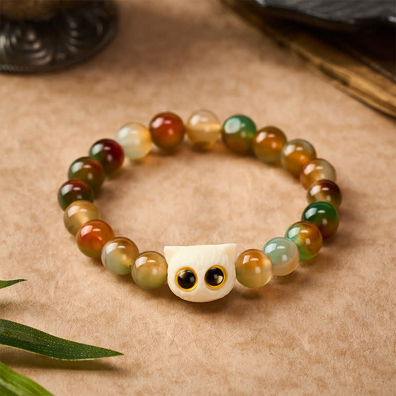 Nimara Ritual Peacock Agate Ivory Fruit Cat Courage Bracelet