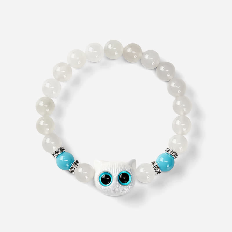 Nimara Ritual White Jade Black Obsidian Cute Cat Head Purity Beaded Bracelet