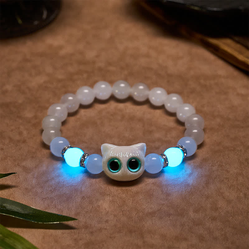 Nimara Ritual White Jade Black Obsidian Cute Cat Head Purity Beaded Bracelet