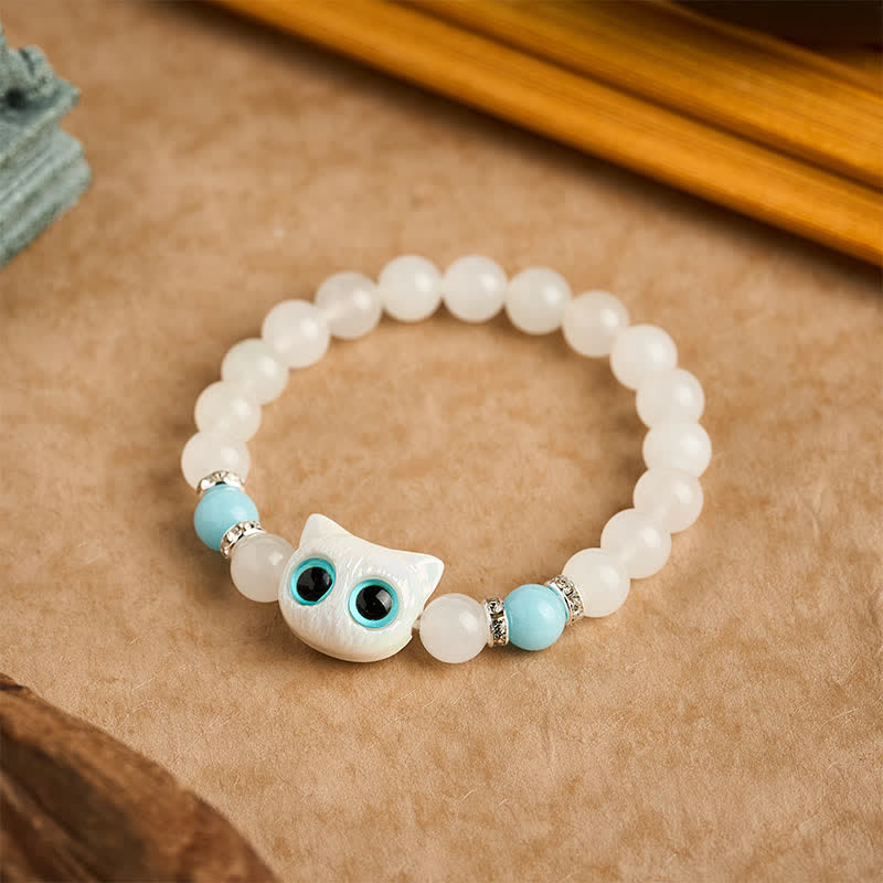 Nimara Ritual White Jade Black Obsidian Cute Cat Head Purity Beaded Bracelet