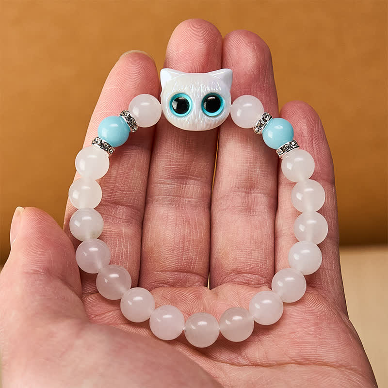 Nimara Ritual White Jade Black Obsidian Cute Cat Head Purity Beaded Bracelet
