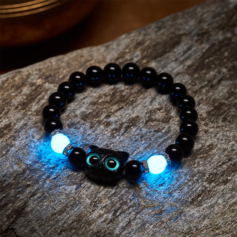 Nimara Ritual White Jade Black Obsidian Cute Cat Head Purity Beaded Bracelet