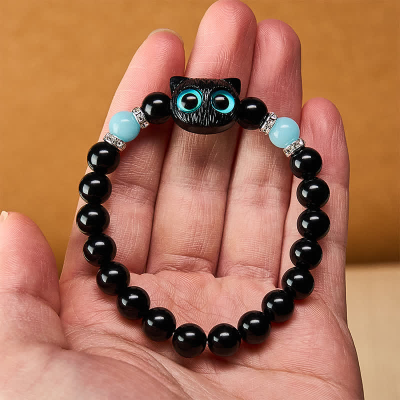 Nimara Ritual White Jade Black Obsidian Cute Cat Head Purity Beaded Bracelet
