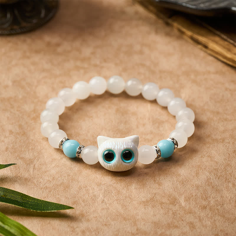 Nimara Ritual White Jade Black Obsidian Cute Cat Head Purity Beaded Bracelet