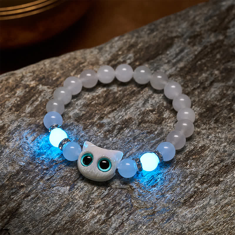 Nimara Ritual White Jade Black Obsidian Cute Cat Head Purity Beaded Bracelet