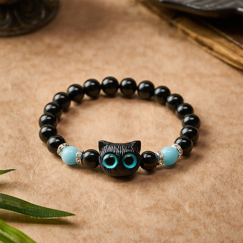 Nimara Ritual White Jade Black Obsidian Cute Cat Head Purity Beaded Bracelet