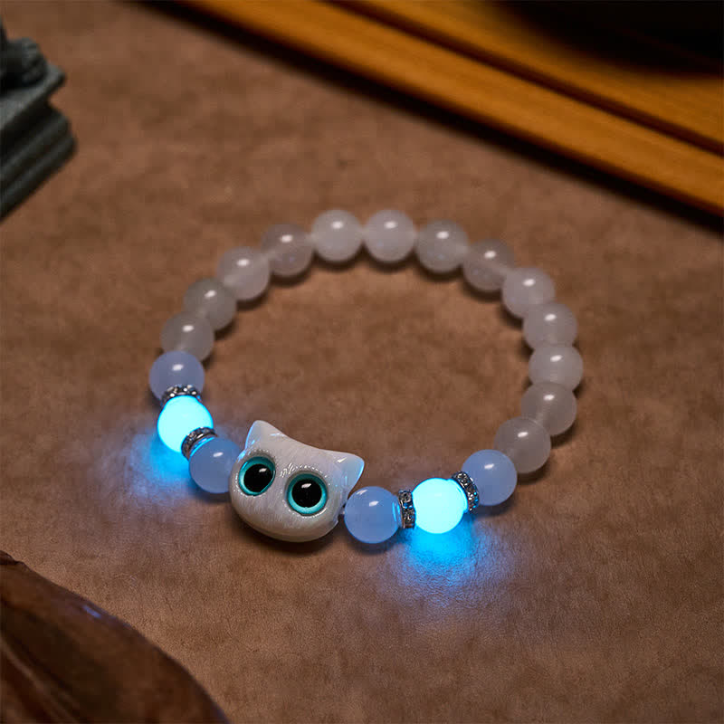 Nimara Ritual White Jade Black Obsidian Cute Cat Head Purity Beaded Bracelet