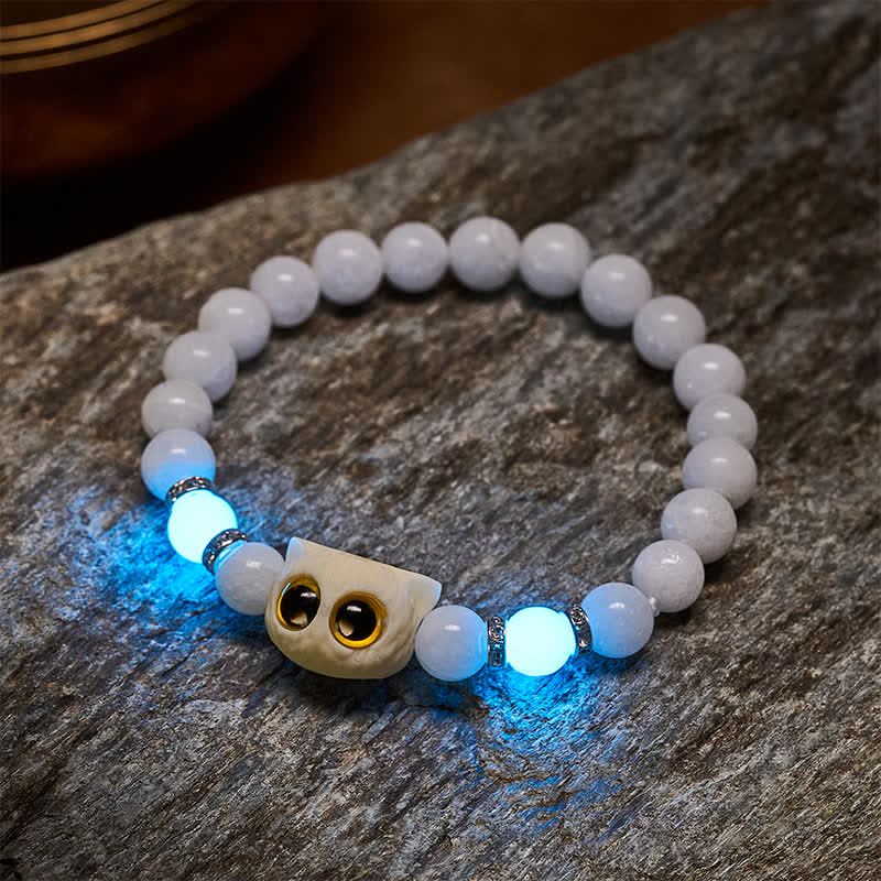 Nimara Ritual Black Obsidian White Chalcedony Big-Eye Cat Head Purity Bead Bracelet
