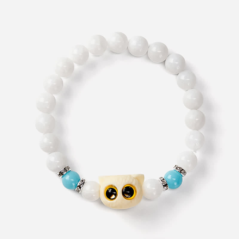 Nimara Ritual Black Obsidian White Chalcedony Big-Eye Cat Head Purity Bead Bracelet