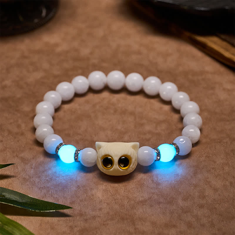 Nimara Ritual Black Obsidian White Chalcedony Big-Eye Cat Head Purity Bead Bracelet