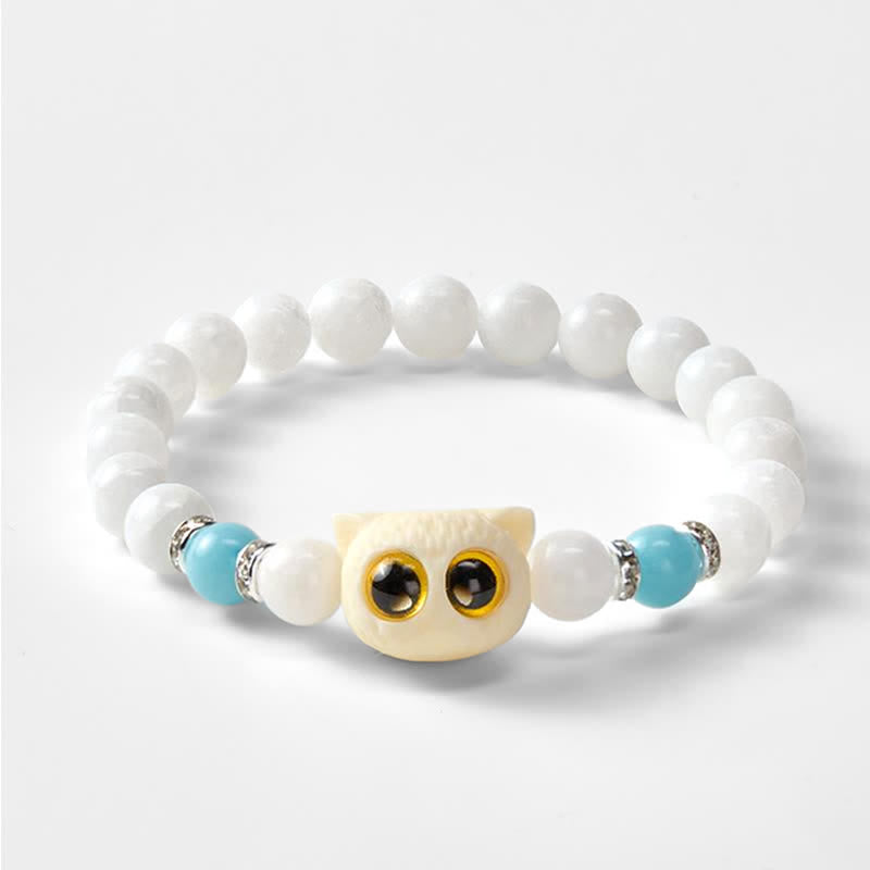 Nimara Ritual Black Obsidian White Chalcedony Big-Eye Cat Head Purity Bead Bracelet