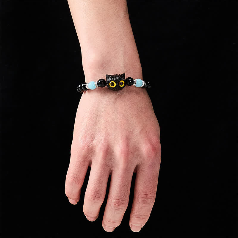 Nimara Ritual Black Obsidian White Chalcedony Big-Eye Cat Head Purity Bead Bracelet