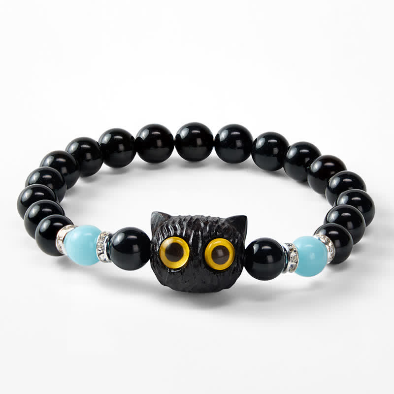 Nimara Ritual Black Obsidian White Chalcedony Big-Eye Cat Head Purity Bead Bracelet