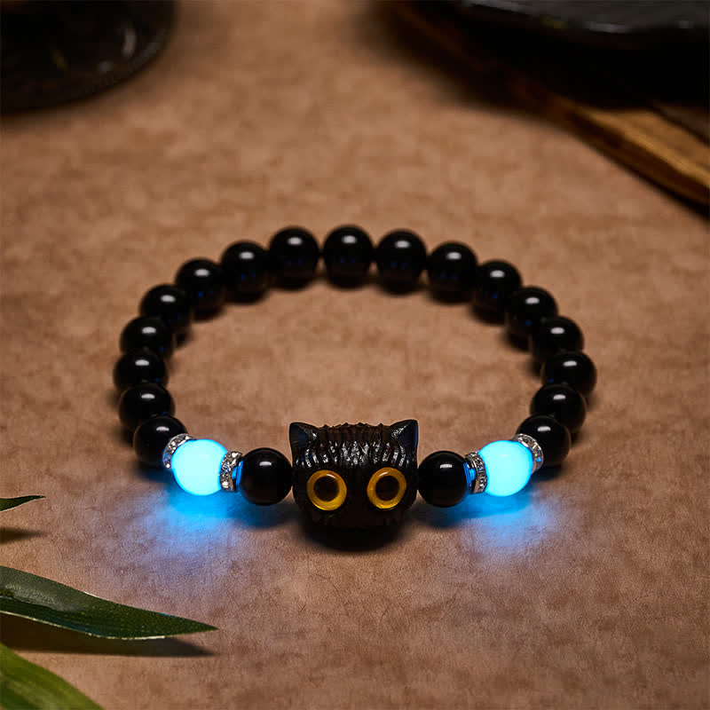 Nimara Ritual Black Obsidian White Chalcedony Big-Eye Cat Head Purity Bead Bracelet