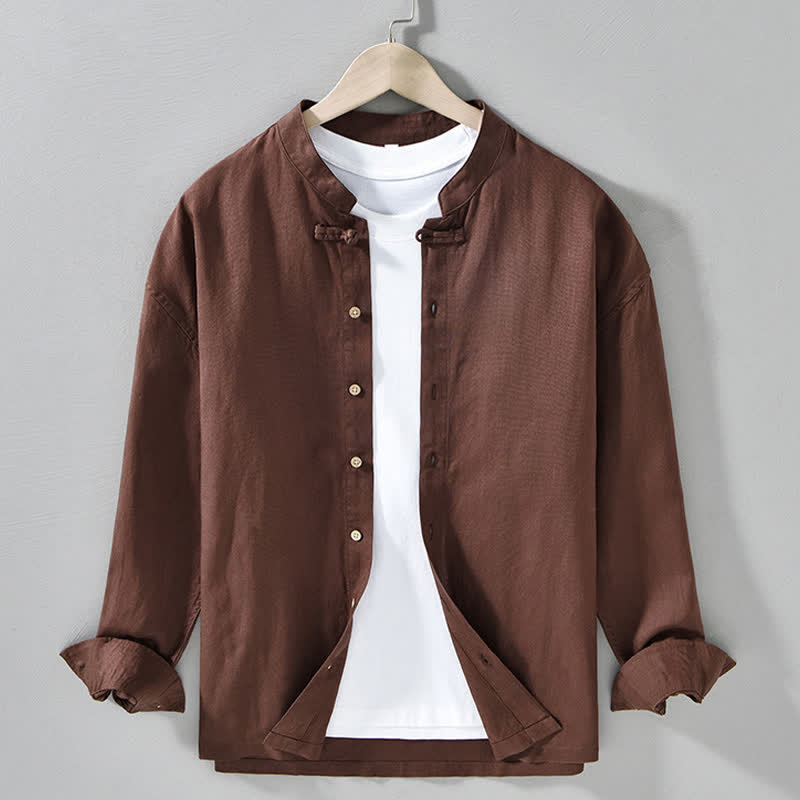 Nimara Ritual Fall Casual Tang Style Mandarin Collar Solid Men's Long Sleeve Shirts