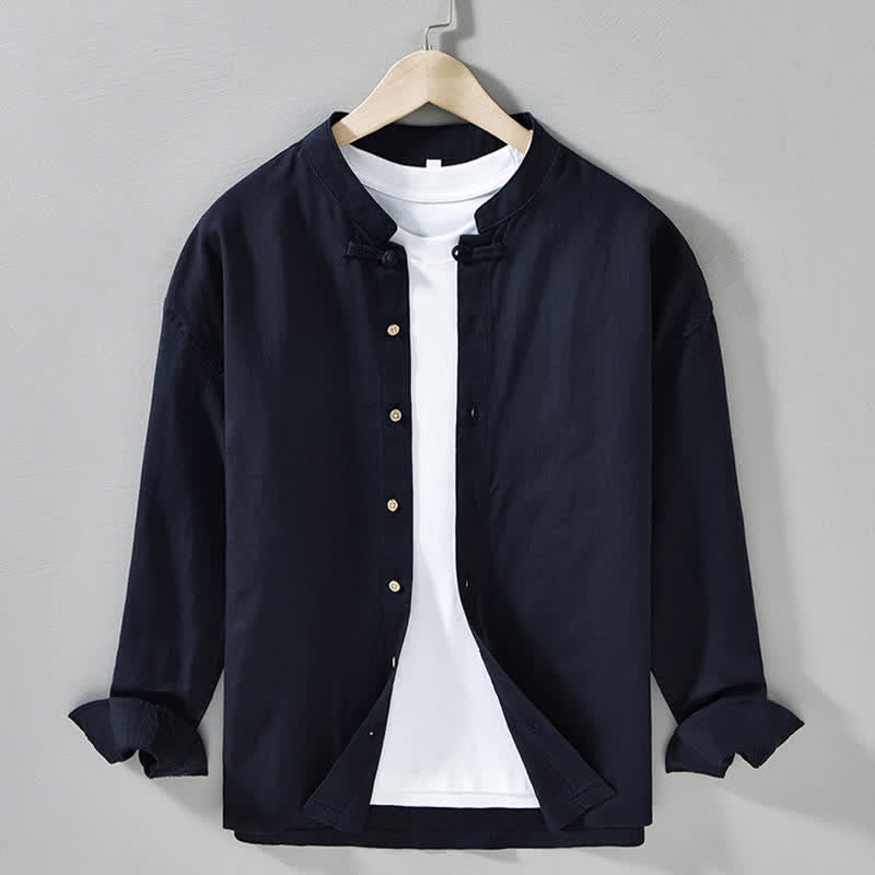 Nimara Ritual Fall Casual Tang Style Mandarin Collar Solid Men's Long Sleeve Shirts