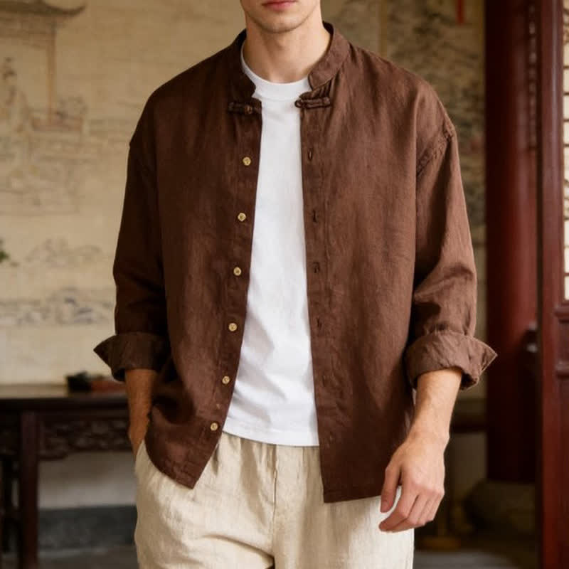 Nimara Ritual Fall Casual Tang Style Mandarin Collar Solid Men's Long Sleeve Shirts