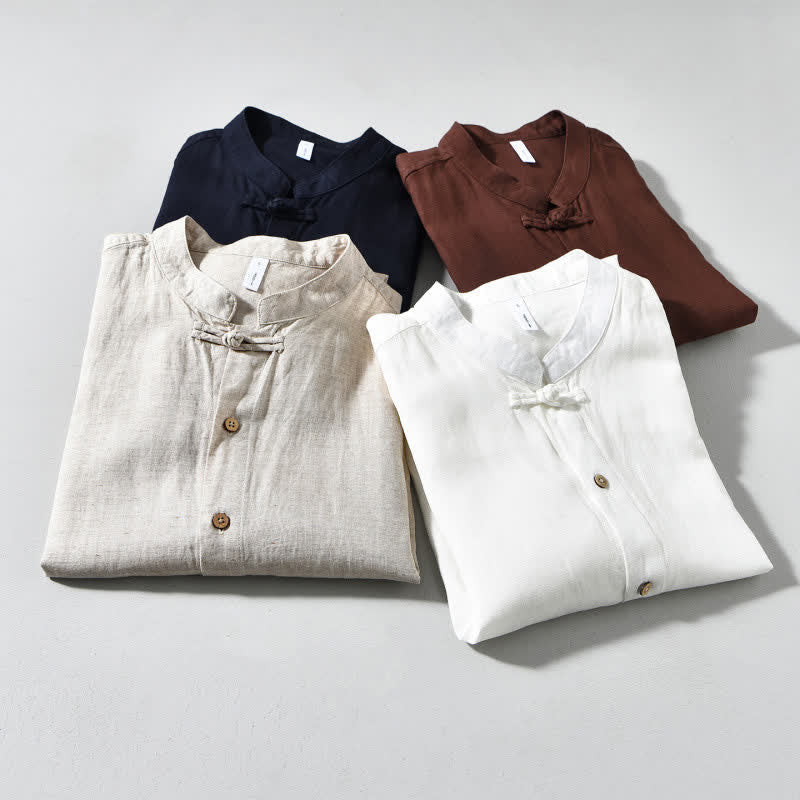 Nimara Ritual Fall Casual Tang Style Mandarin Collar Solid Men's Long Sleeve Shirts