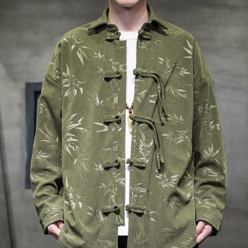 Nimara Ritual Fall Winter Tang Style Frog Button Bamboo Print Corduroy Men's Long Sleeve Shirts