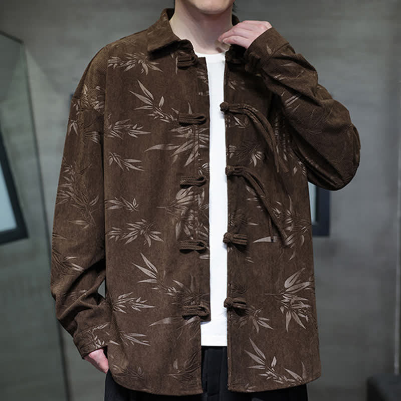 Nimara Ritual Fall Winter Tang Style Frog Button Bamboo Print Corduroy Men's Long Sleeve Shirts