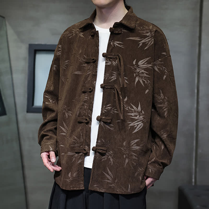 Nimara Ritual Fall Winter Tang Style Frog Button Bamboo Print Corduroy Men's Long Sleeve Shirts