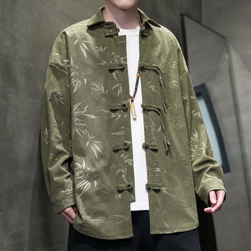 Nimara Ritual Fall Winter Tang Style Frog Button Bamboo Print Corduroy Men's Long Sleeve Shirts