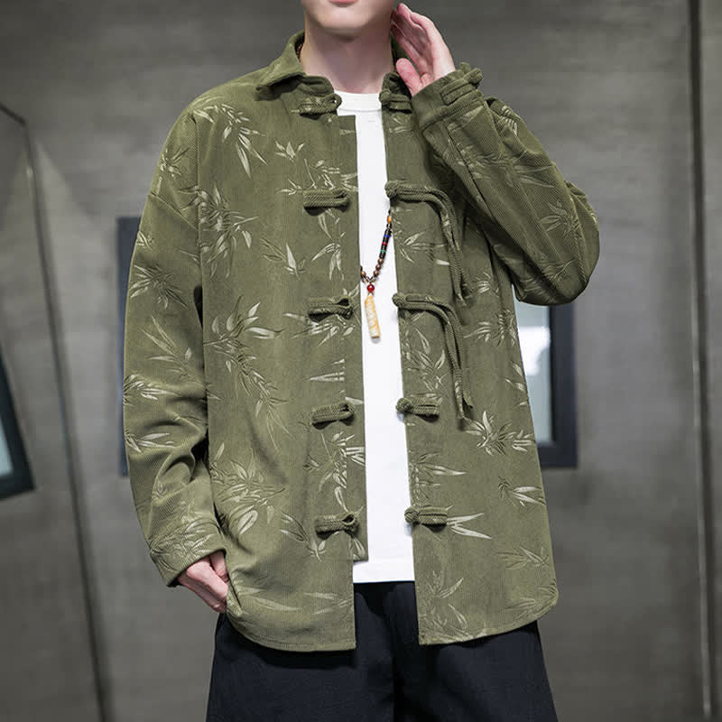 Nimara Ritual Fall Winter Tang Style Frog Button Bamboo Print Corduroy Men's Long Sleeve Shirts