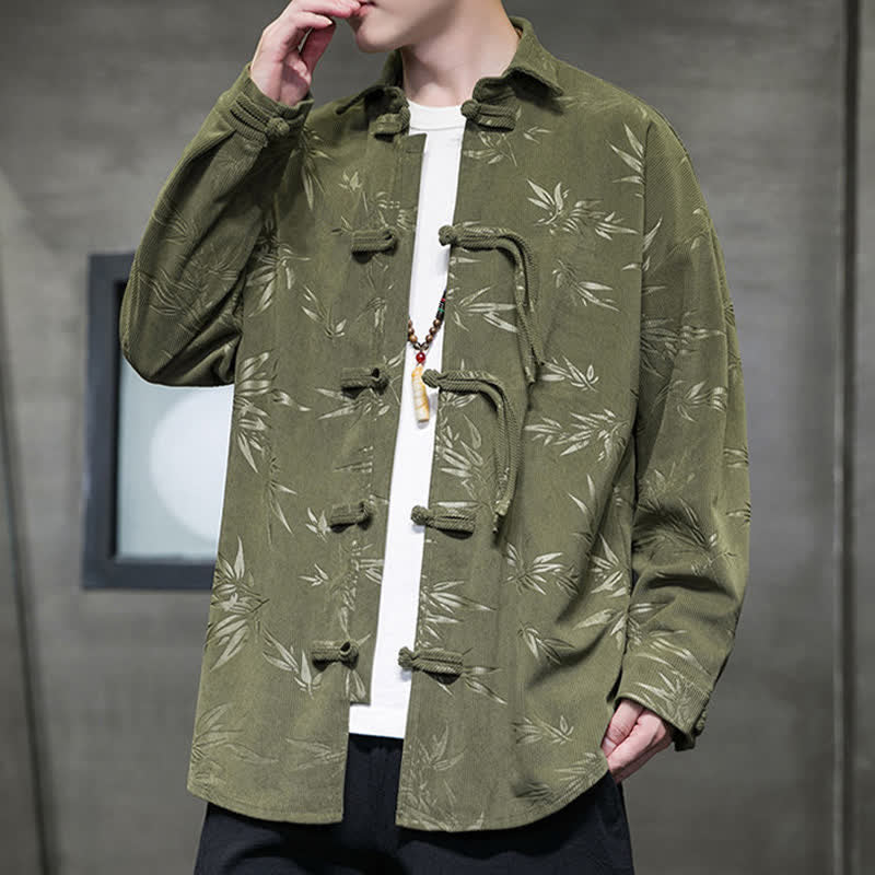 Nimara Ritual Fall Winter Tang Style Frog Button Bamboo Print Corduroy Men's Long Sleeve Shirts