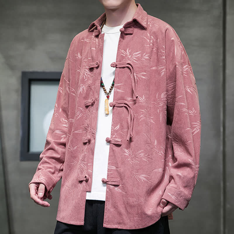 Nimara Ritual Fall Winter Tang Style Frog Button Bamboo Print Corduroy Men's Long Sleeve Shirts