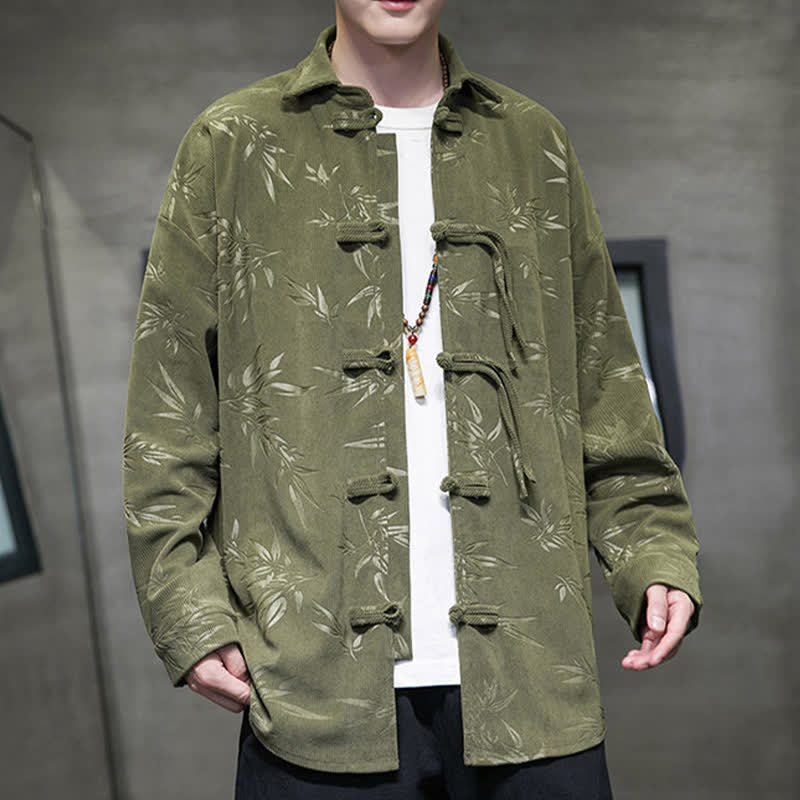 Nimara Ritual Fall Winter Tang Style Frog Button Bamboo Print Corduroy Men's Long Sleeve Shirts