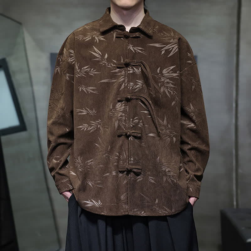 Nimara Ritual Fall Winter Tang Style Frog Button Bamboo Print Corduroy Men's Long Sleeve Shirts