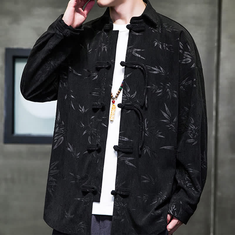 Nimara Ritual Fall Winter Tang Style Frog Button Bamboo Print Corduroy Men's Long Sleeve Shirts
