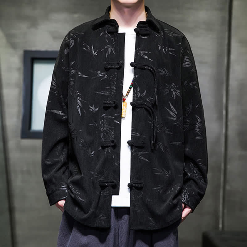 Nimara Ritual Fall Winter Tang Style Frog Button Bamboo Print Corduroy Men's Long Sleeve Shirts