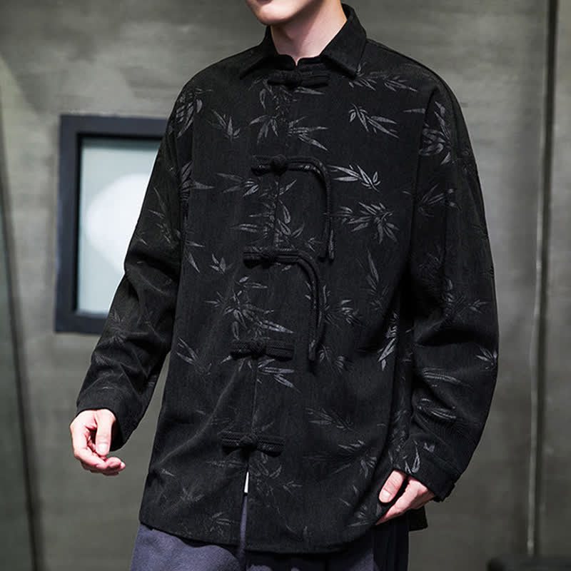 Nimara Ritual Fall Winter Tang Style Frog Button Bamboo Print Corduroy Men's Long Sleeve Shirts