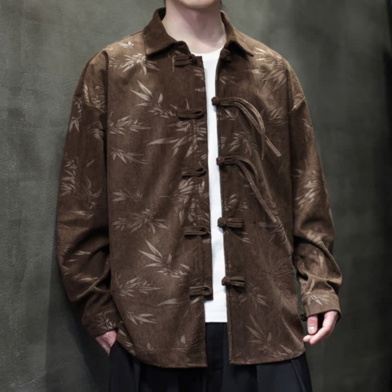 Nimara Ritual Fall Winter Tang Style Frog Button Bamboo Print Corduroy Men's Long Sleeve Shirts
